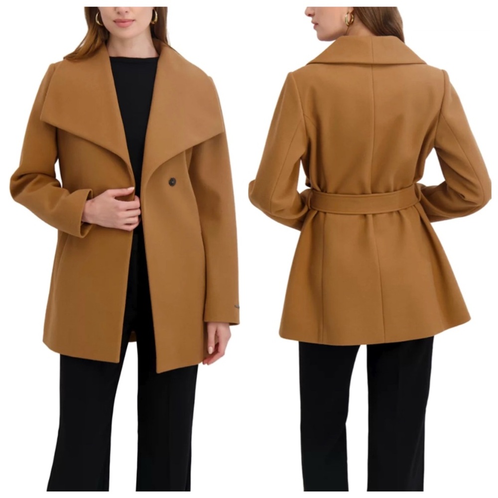 NWT Tahari Tan Camel Wide Collar Shawl Tie Belt Pea Wrap Coat Jacket Faux Wool S - Picture 2 of 15